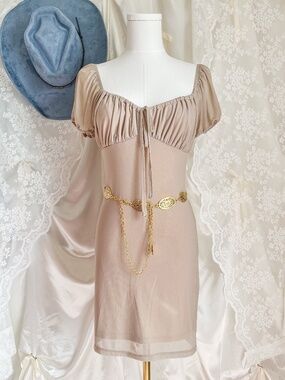 Beige Ruched Coquette Clean Girl Euro Summer Soft Girl Mini Dress